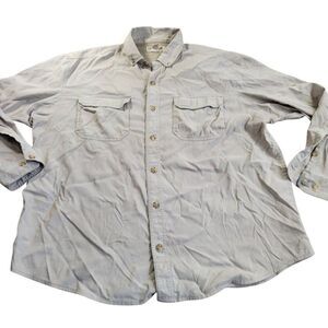 Duluth Trading Co Shirt Mens XL Beige  Button Up Vented Roll Tab Outdoors STAINS